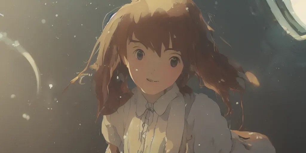 Image similar to a girl with a happy face wakes up in the morning, close up shot from the top, anime art, Greg Rutkowski, studio ghibli, dramatic lighting