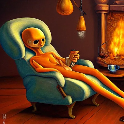 Prompt: painting of a mushroom alien sitting in a recliner by the fire smoking a pipe and wearing a soft robe and slippers, symmetrical, elegant intricate digital painting, trending on artstation, by normal rockwell