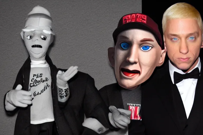 Image similar to Eminem as a ventriloquist doll, hyperrealistic