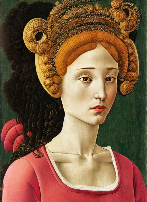 Image similar to portrait of young woman in renaissance dress and renaissance headdress, art by sandro botticelli