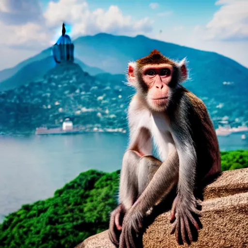 Image similar to high quality portrait of a monkey in front of Christ The Redeemer, studio photograph, photograph, realistic photo, 8k photo, 4k photo, stock photo, high resolution, cinematic shot, high detail