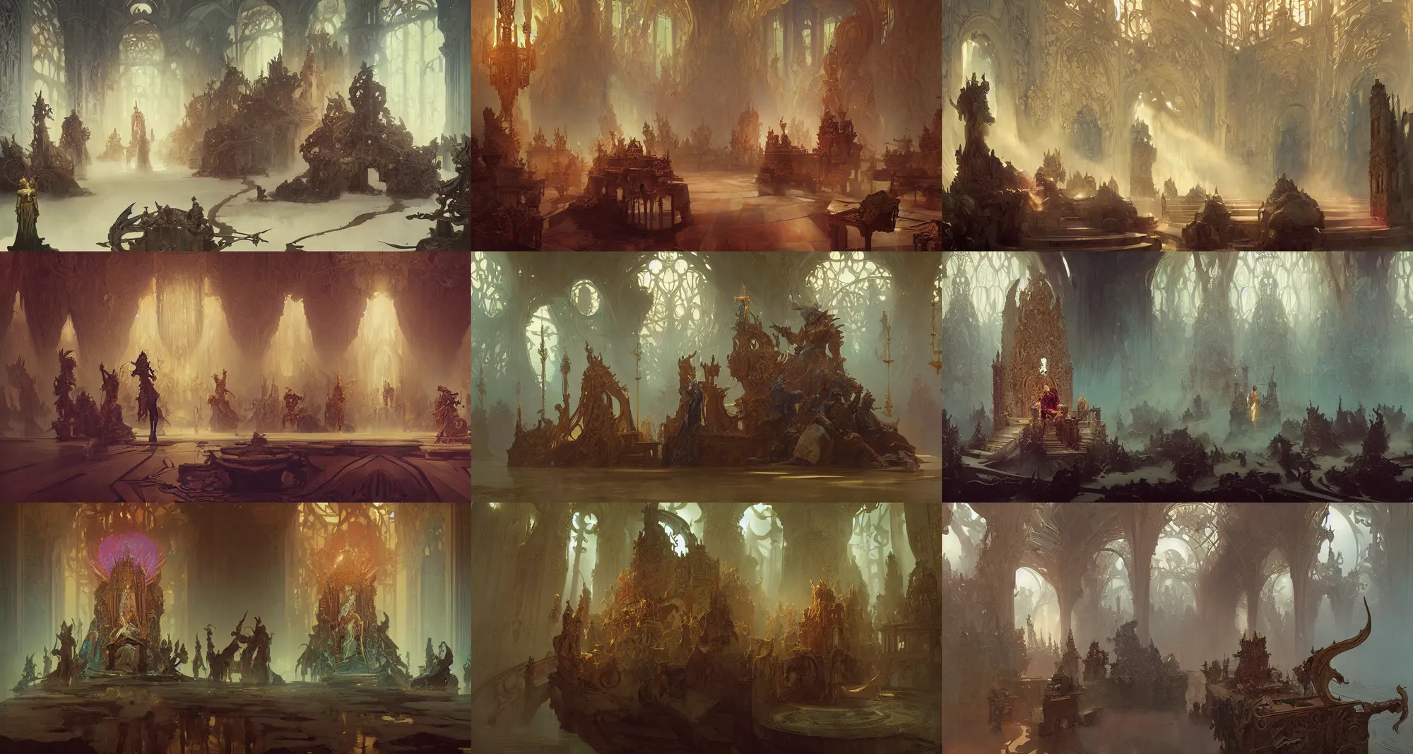 Prompt: throne room, fantasy, art by joseph leyendecker, peter mohrbacher, ivan aivazovsky, ruan jia, reza afshar, marc simonetti, alphonse mucha