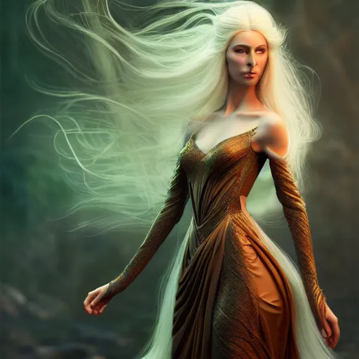 Image similar to portrait of a female elven wizard in flowing sensual dress, long flowing hair, delicate, looking at camera, slightly smiling, stylish, elegant, extremely detailed painting inspired by Gerald Brom, octane render, epic lighting