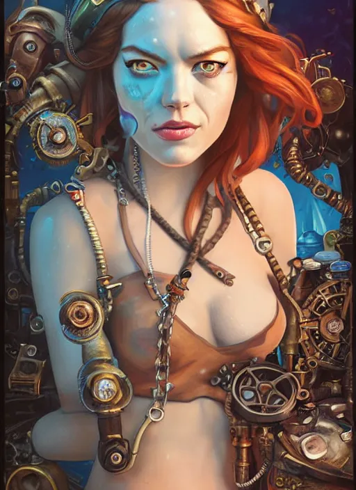 Image similar to underwater steampunk pirate portrait of emma stone, pixar style, by tristan eaton stanley artgerm and tom bagshaw.