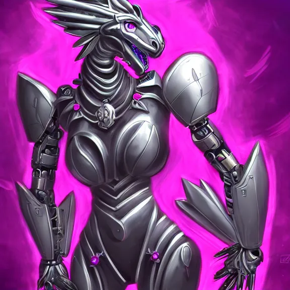 Image similar to extremely detailed fanart of a goddess that's a giant beautiful anthropomorphic robot female dragon, towering over mountains, elegant pose, shiny silver metal armor, fuchsia skin, digital art, furry art, furaffinity, DeviantArt, 8k HD