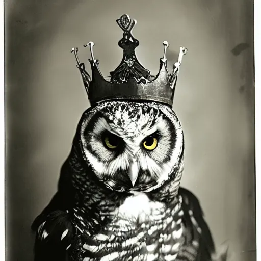 Prompt: Old black and white Photograp of a owl dressed as a king