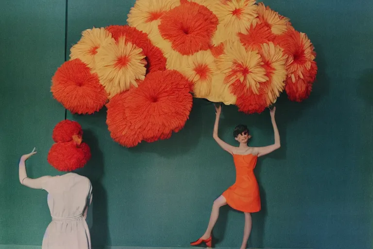 Image similar to giant flower head, girl standing in 1 9 6 0 s hotel, surreal photography, symmetry, mid century, liminal space, bright colours, wes anderson