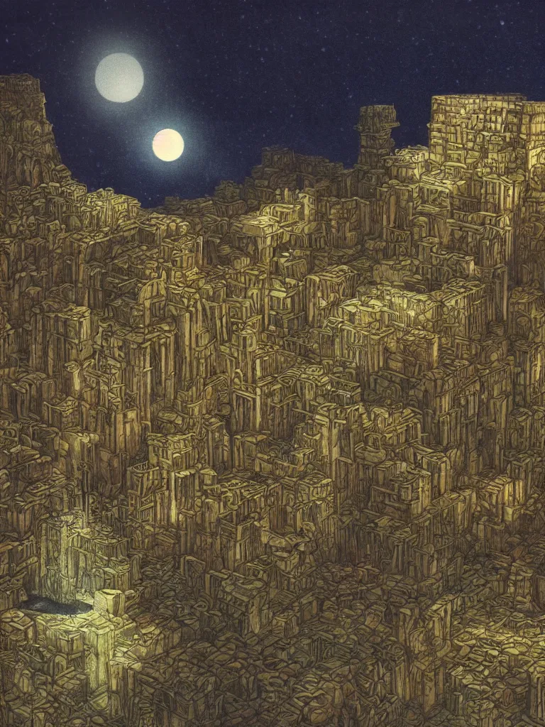 Image similar to the only building hovering over a deserted oasis on a moonlit night in the style of peter merzbacher and jacek yerka, vague picturesque illumination of three - dimensional water bodies