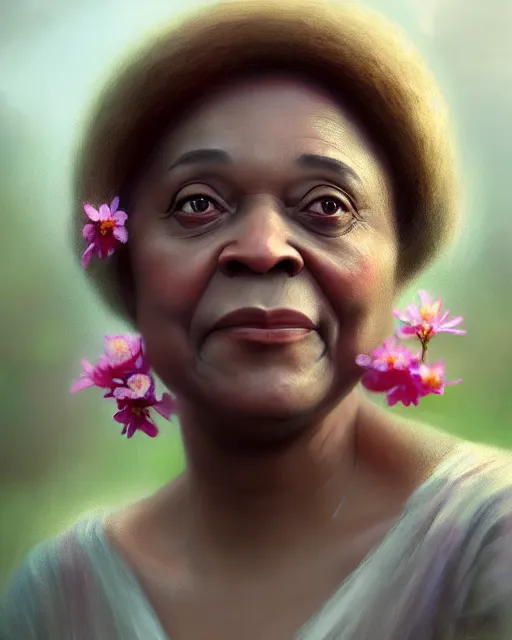 Prompt: moms mabley surrounded by mist and pretty flowers, very detailed, realistic face, detailed face, matte, tonemapping,, perfection, 4 k, cushart krenz, cinematic, atmospheric