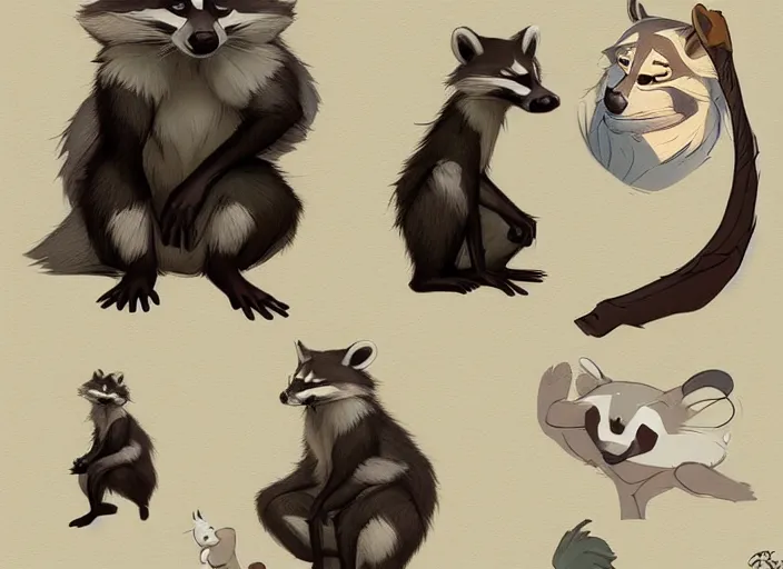 Image similar to lovely raccoon in the style of don bluth, beautiful artwork, shading, high quality cartoon model sheet. greg rutkowski detailed