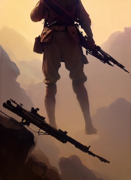 Prompt: A Scout watching the enemy with his gun, Battlefield 1, extremely detailed digital painting, in the style of Fenghua Zhong and Ruan Jia and jeremy lipking and Peter Mohrbacher, mystical colors, rim light, beautiful Lighting, 8k, stunning scene, raytracing, octane, trending on artstation