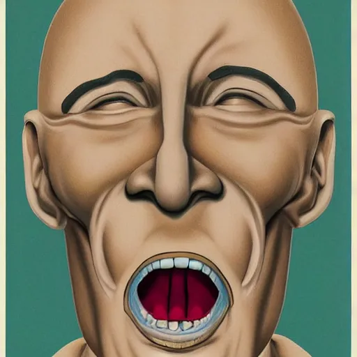 Image similar to a beautiful digital art of a giant head. the head is bald and has a big nose. the eyes are wide open and have a crazy look. the mouth is open and has sharp teeth. the neck is long and thin. hygge by richard hamilton ornamented