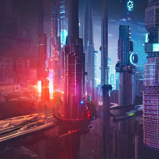 Prompt: Monumental space station towers over cyberpunk cityscape, digital 3d art, 4k