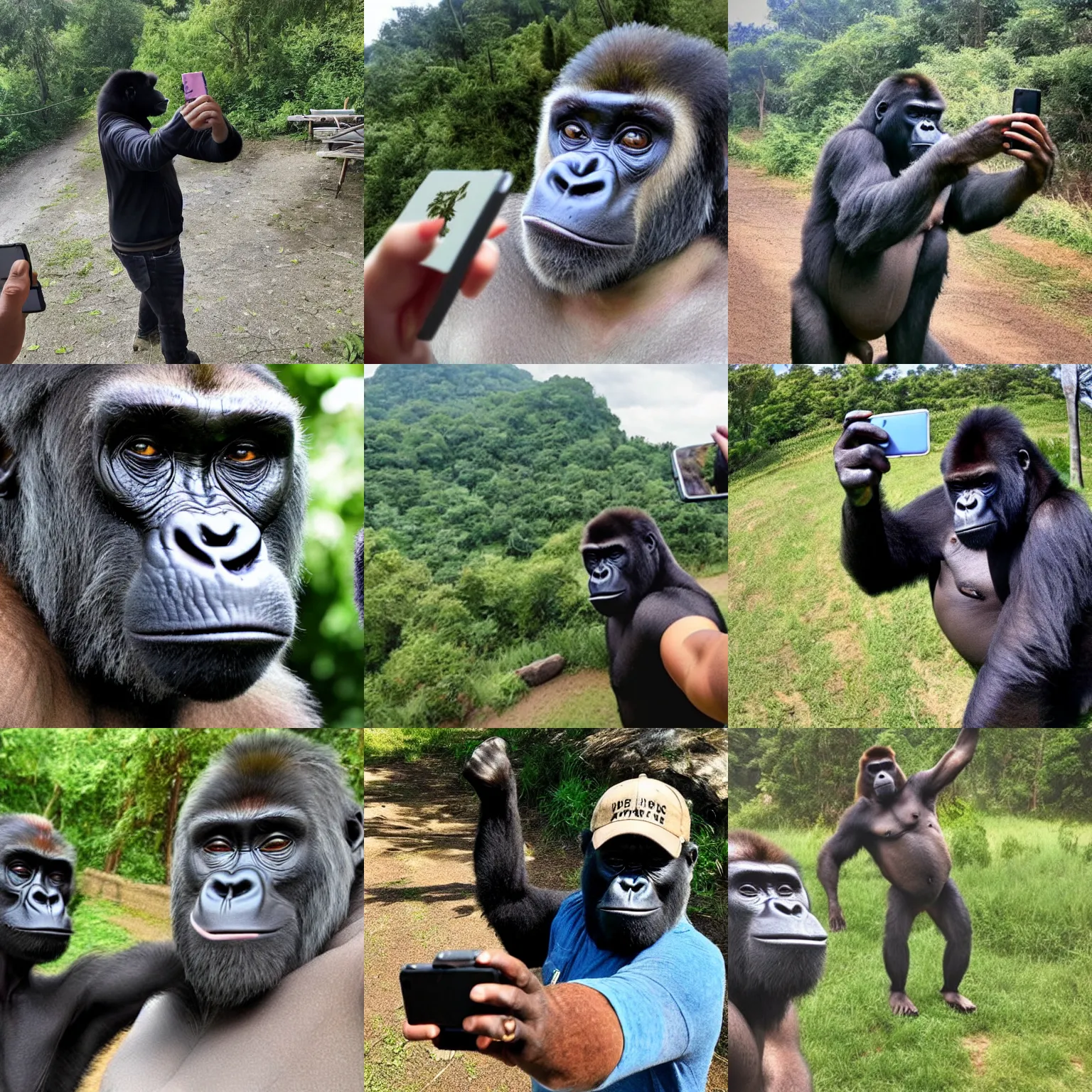 Prompt: harambe taking a selfie moments before disaster
