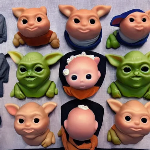 Image similar to baby voldemort, baby harry potter, baby yoda, baby groot, baby mando, baby gummi bear, block party.