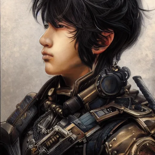 Image similar to portrait of a man by ayami kojima, japanese, he is about 2 0 years old, black short hair with bangs, he is wearing a steampunk tactical gear, highly detailed portrait, digital painting, artstation, concept art, smooth, sharp foccus ilustration, artstation hq