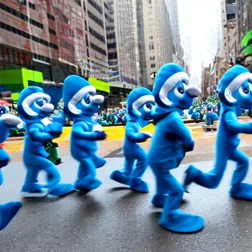 Image similar to a parade of stuffed smurfs marching down 5 th ave manhattan on st. patrick's day, 8 k, photo realistic, extremely life like