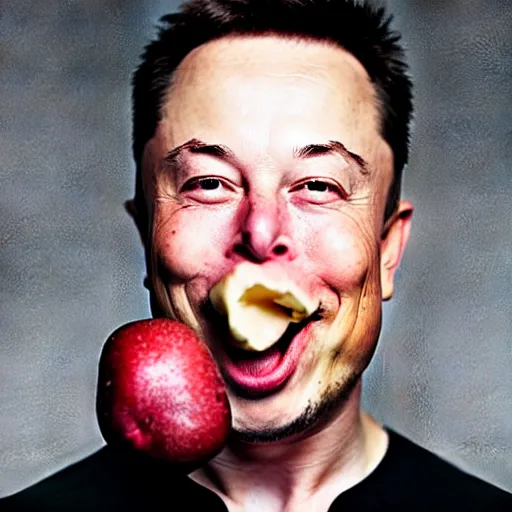 Image similar to elon musk surprised, mouth open wide, holding a potato, 4 k photography, highly detailed, portrait, cinematic lighting