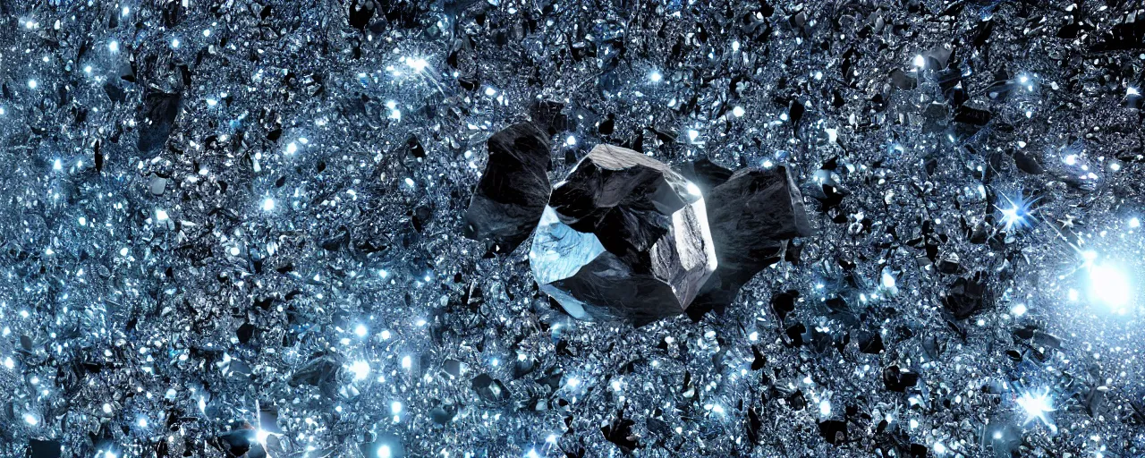 Image similar to asteroid made of shiny diamonds and crystals, [ shards, facets, cinematic, detailed, epic, widescreen, opening, establishing, mattepainting, photorealistic, realistic textures, octane render ]