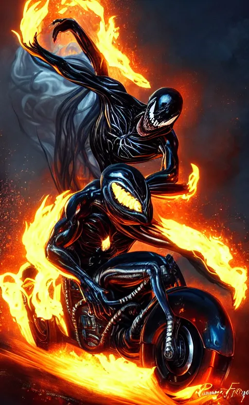 Image similar to venom as ghost rider on a motorcycle, dynamic lighting, photorealistic fantasy concept art, trending on art station, stunning visuals, terrifying, creative, cinematic