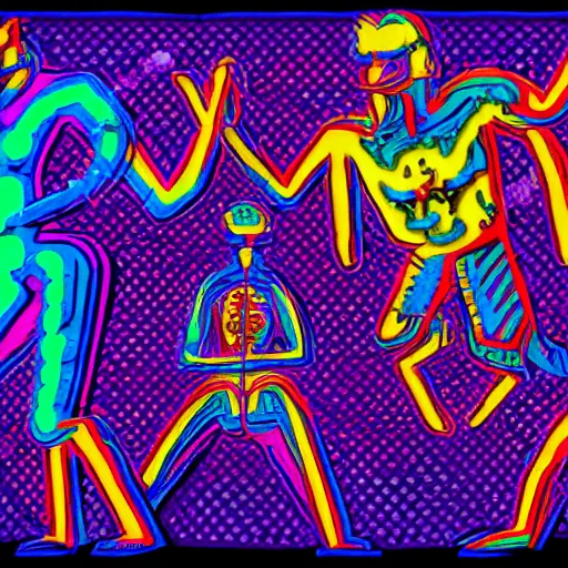 Prompt: wrestlers wearing vr headsets, vr goggles, shrugging, shrugging arms, intricate complexity, inverted neon rainbow drip paint, trending on art station, digital illustration by matthew skiff