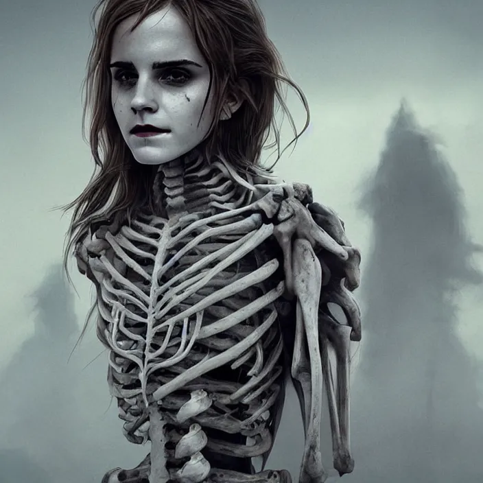 Image similar to portrait of emma watson as a skeleton. intricate abstract. intricate artwork. nightmare fuel. by Tooth Wu, wlop, beeple, dan mumford. octane render, trending on artstation, greg rutkowski very coherent symmetrical artwork. cinematic, hyper realism, high detail, octane render, 8k, iridescent accents