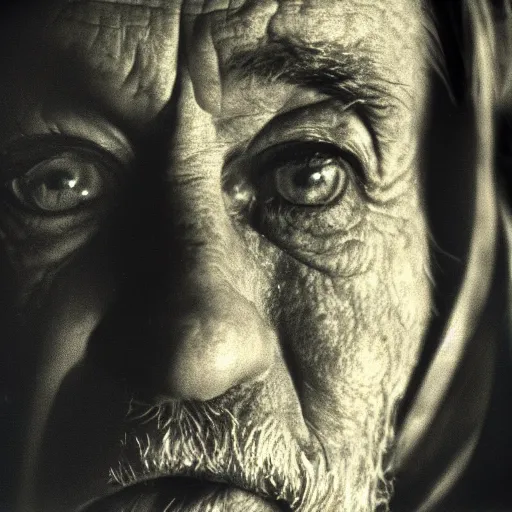 Image similar to portrait, extreme close up, sepia, beautiful light - dennis hopper, stares at the camera, night sky, stars, bruce gilden, leica s, fuji 8 0 0, grainy, low light