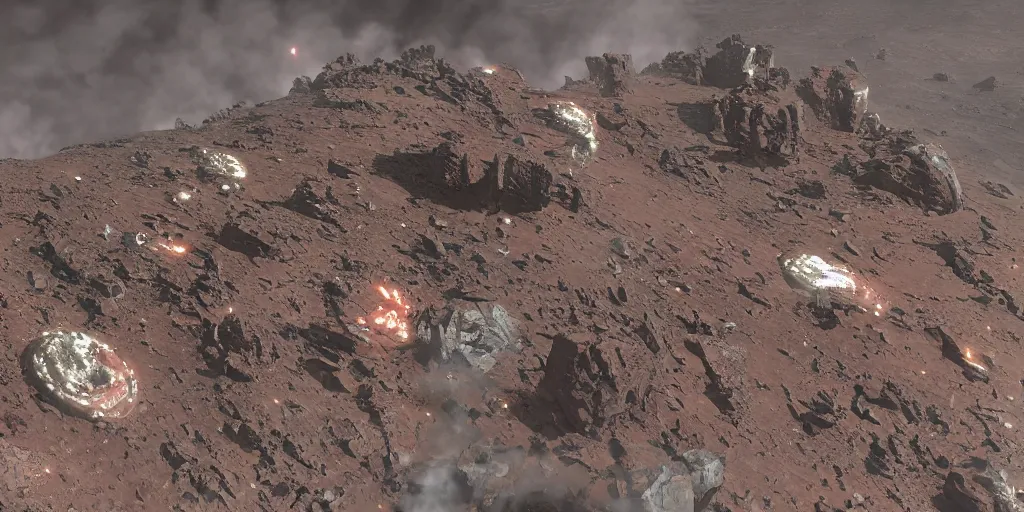 Image similar to crashed space freighter rocky terrain smoking barren wastes