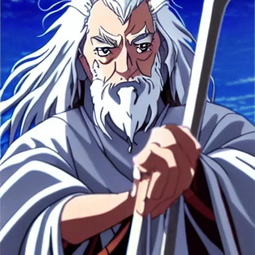 Image similar to gandalf from the anime lord of the rings (1986), studio ghibli, very detailed, hyperrealistic