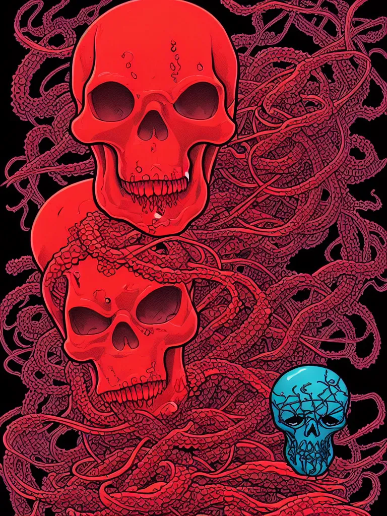 Image similar to a glowing red skull in the sea enveloped by jellyfish tendrils and black seaweed by josan gonzalez and dan mumford and laurie greasley and ross tran, highly detailed, high contrast