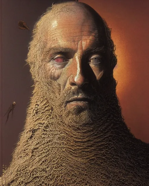 Image similar to portrait of paul atreides as messiah of dune, by beksinski and deville, intricate, hyperealistic, photoreal, 8 k resolution, modern high sharpness photo