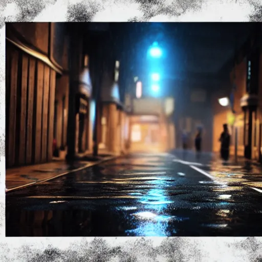 Image similar to kitten sits in the empty street on a rainy day, led lights around the place, digital painting, ultra detailed, unreal engine 5,