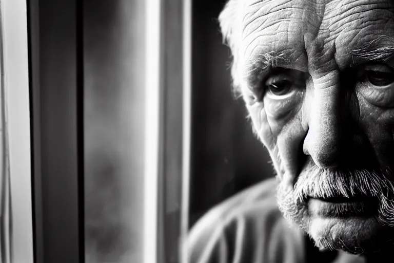 Prompt: a cinematic, close up portrait, of an old man, looking in the window, sad, dramatic, soft light, dreamy, facial features, stood in a cell, with prison clothing, detailed, deep focus, movie still, dramatic lighting, ray tracing, by hendrik kerstens and paolo roversi