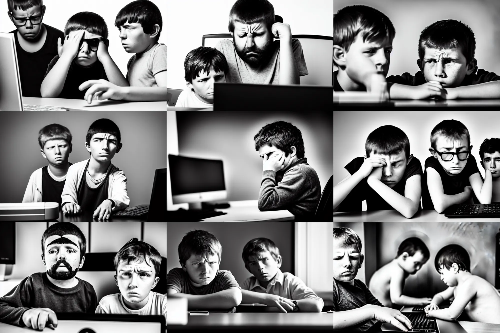 Prompt: hangover man behind computer and sad kid staying near the man. black and white photo, sharp, high detail, perfect faces