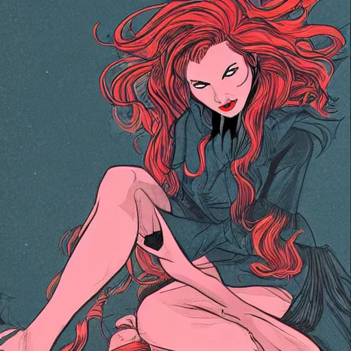 Image similar to a beautiful comic book illustration of a vampire woman with long red hair sitting near a lake at night by chip zdarsky, featured on artstation