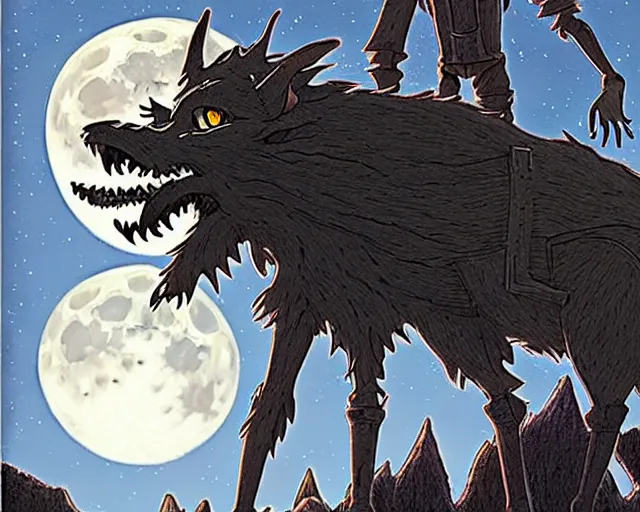 Image similar to a mechanical drawing of a grey lovecraftian mechanized wolf from howl's moving castle ( 2 0 0 4 ), with a big head, in a war - torn desert village, wide shot, in front of a big moon, muted colors, post grunge, studio ghibli, hq, art by artgem