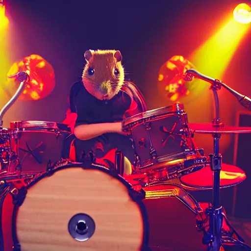 Image similar to a hamster playing drums on a stage in a small club, red and blue stagelights, photorealistic