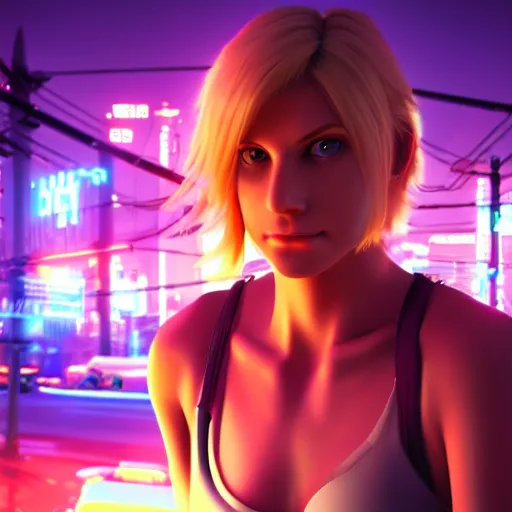 Prompt: Annie Leonhart in a neon city, octane render 8k, photorealistic render, atmospheric render, beautiful face, cute