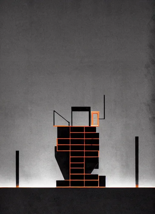 Image similar to (((habitat 67 city on fire lone man in chair))), Mads Berg, Karolis Strautniekas, James Yang, Brutalism, Constructivist, film noir, stippled light, dramatic lighting,editorial illustration, detailed, matte print, dark orange black white red