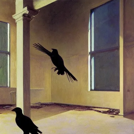 Image similar to a battle if crows in an abandoned building, hyperrealistic film still by edward hopper, by gottfried helnwein, by klimt, by paolo uccello, art nouveau, highly detailed, strong lights, liminal, eerie, metaphysical, bright pastel colors