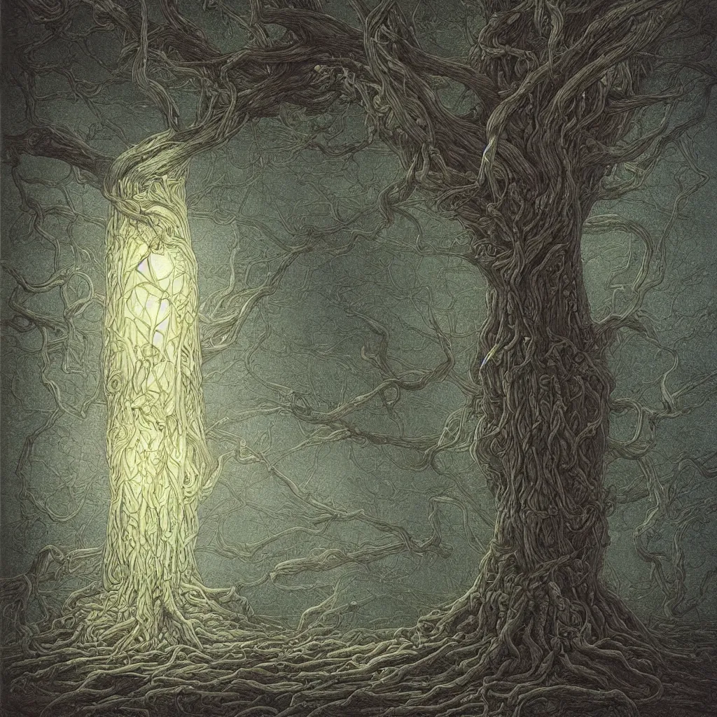 Image similar to tree of life, yggdrasil, moody lighting, by moebius, by laurie lipton