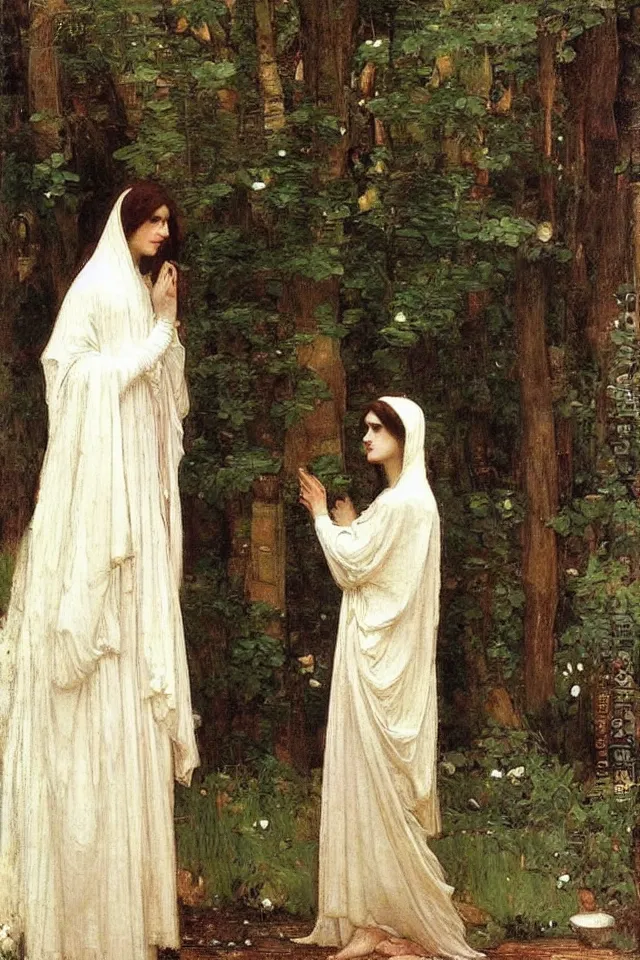 Prompt: beautiful woman in white robes by john william waterhouse, preraphaelite style