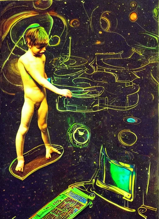 Image similar to a boy playing cdjs on a psychedelic space, by Salvador dali, da Vinci, real 3D, atmosphere, gesture drawn