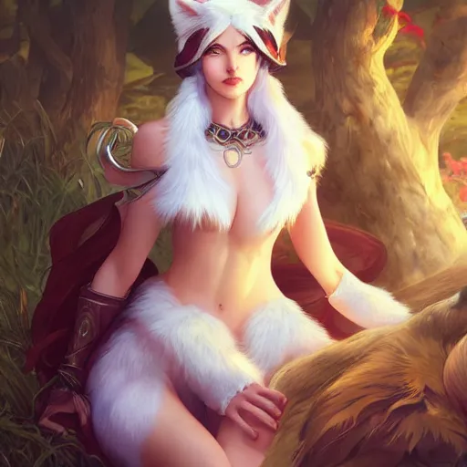 Image similar to Ahri League of Legends with fox fur ears, highly detailed, digital painting, artstation, concept art, smooth, sharp focus, illustration, ArtStation, art by artgerm and greg rutkowski and alphonse mucha and Edmund Blair Leighton and Charlie Bowater