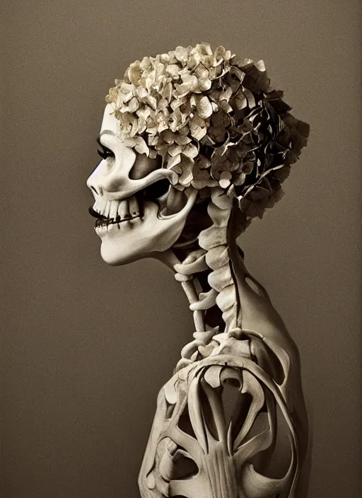 Prompt: a woman's face in profile, made of hydrangea skeleton, in the style of the dutch masters and gregory crewdson, dark and moody