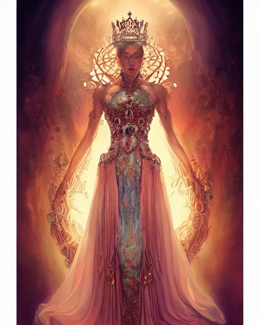 Image similar to full view Symbolic portrait of an ethereal Queen in a crown of sorrow wearing a ornate dress sitting on a throne by Anna Dittman and Jesper Ejsing, detailed and realistic, featured on Artstation, soft lighting, behance