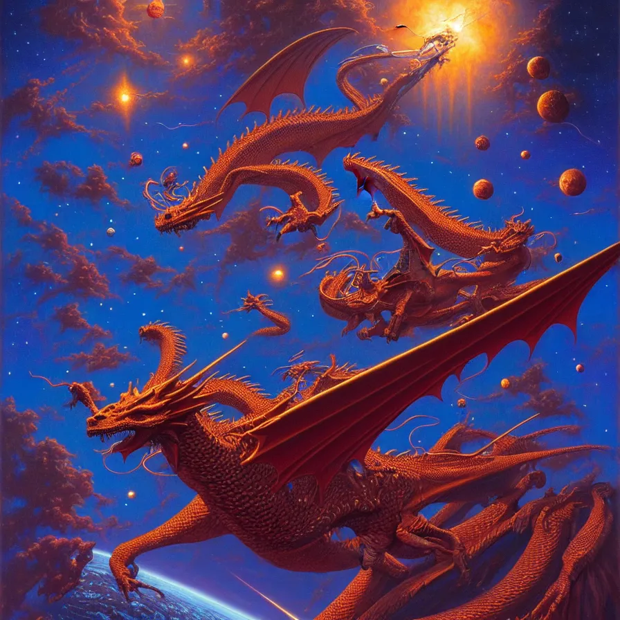 Prompt: one dragon without wings in outer space, tim hildebrandt, wayne barlowe, bruce pennington, donato giancola, larry elmore, oil on canvas, masterpiece, trending on artstation, featured on pixiv, cinematic composition, dramatic pose, beautiful lighting, sharp, details, hyper - detailed, hd, hdr, 4 k, 8 k