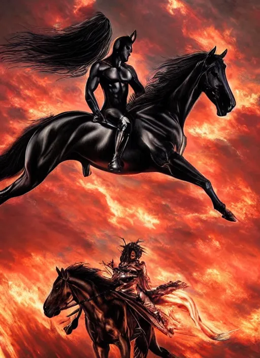 Prompt: the first horseman of the apocalypse riding a strong big black stallion, horse is running, the rider carries a the scales of justice, flames from the ground, artwork by artgerm and rutkowski, breathtaking, dramatic, full view