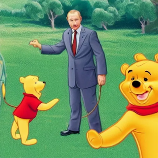 Prompt: Putin and Winnie the Pooh throwing snakes at people