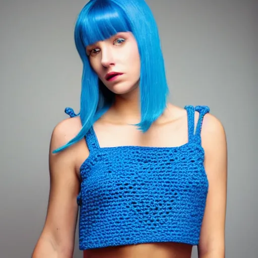 Image similar to A photo of a caucasian female model with blue hair wearing a crocheted croptop.